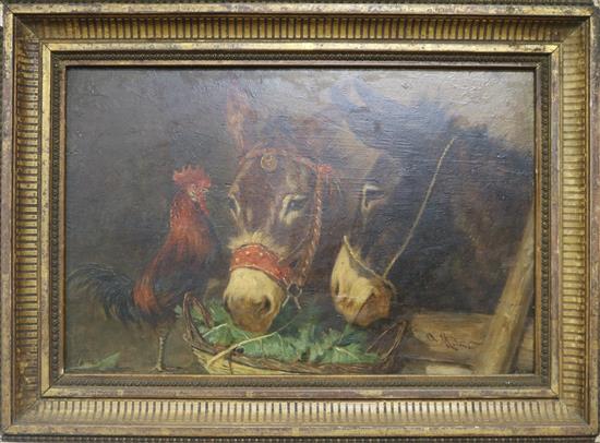 Antonio Milone (1834-1919), oil on panel, cockerel and donkey study, 19 x 29cm